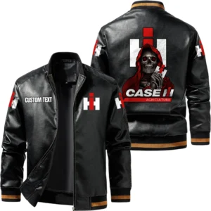 Vintage Case IH Exclusive Logo Leather Jacket, Classic Ribbed Collar Striped Cuffs, Custom Name TN160325Y12LJ93CT1CIH