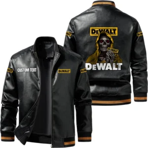Vintage DeWalt Exclusive Logo Leather Jacket, Classic Ribbed Collar Striped Cuffs, Custom Name TN160325Y12LJ93CT1DEW