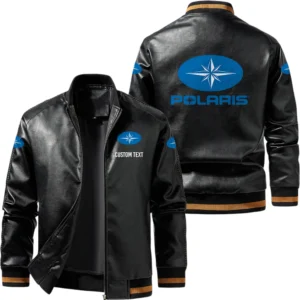 Vintage Polaris Exclusive Logo Leather Jacket, Classic Ribbed Collar Striped Cuffs, Custom Name TN160325Y12LJ93CT1FOL
