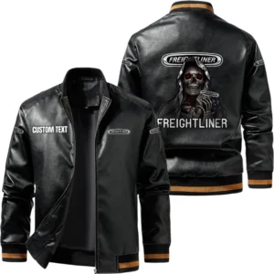 Vintage Freightliner Exclusive Logo Leather Jacket, Classic Ribbed Collar Striped Cuffs, Custom Name TN160325Y12LJ93CT1FRE