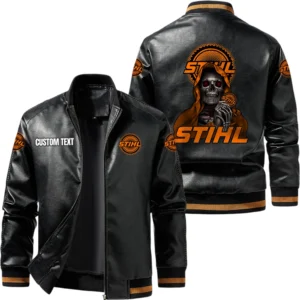 Vintage Stihl Exclusive Logo Leather Jacket, Classic Ribbed Collar Striped Cuffs, Custom Name TN160325Y12LJ93CT1STL