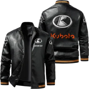 Vintage Kubota Exclusive Logo Leather Jacket, Classic Ribbed Collar Striped Cuffs, Custom Name TN160325Y12LJ93CT2KUB