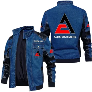 Vintage Allis Chalmers Denim Jacket Sleeve PU Leather, Stand Collar Multi Pockets Custom Name TN140325Y34J91BLALC