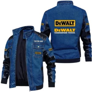 Vintage DeWalt Denim Jacket Sleeve PU Leather, Stand Collar Multi Pockets Custom Name TN140325Y34J91BLDEW