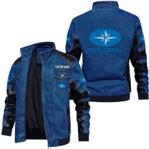 Vintage Polaris Denim Jacket Sleeve PU Leather, Stand Collar Multi Pockets Custom Name TN140325Y34J91BLFOL