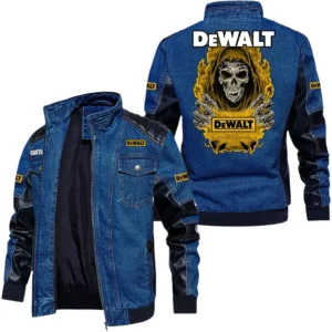 Vintage DeWalt Denim Jacket Sleeve PU Leather, Stand Collar Multi Pockets Custom Name TN150325Y34J91BLCT1DEW