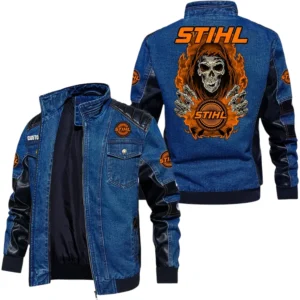 Vintage Stihl Denim Jacket Sleeve PU Leather, Stand Collar Multi Pockets Custom Name TN150325Y34J91BLCT1STL